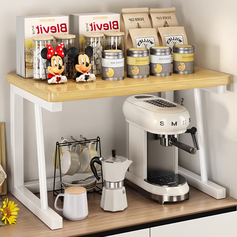馨婺家台面咖啡机置物架水杯吧台咖啡角茶包马克杯收纳架子厨房微波炉架 原木色-双层白架【标准款】