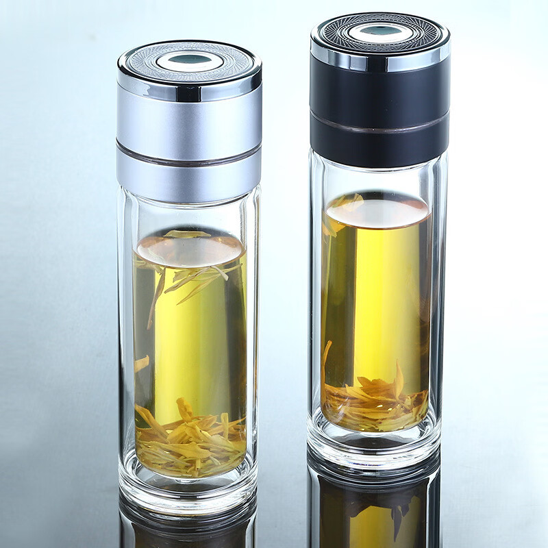 一键开盖双层玻璃杯茶水分离水杯车载一键开盖男士新款 一键开盖【黑色】-380ML