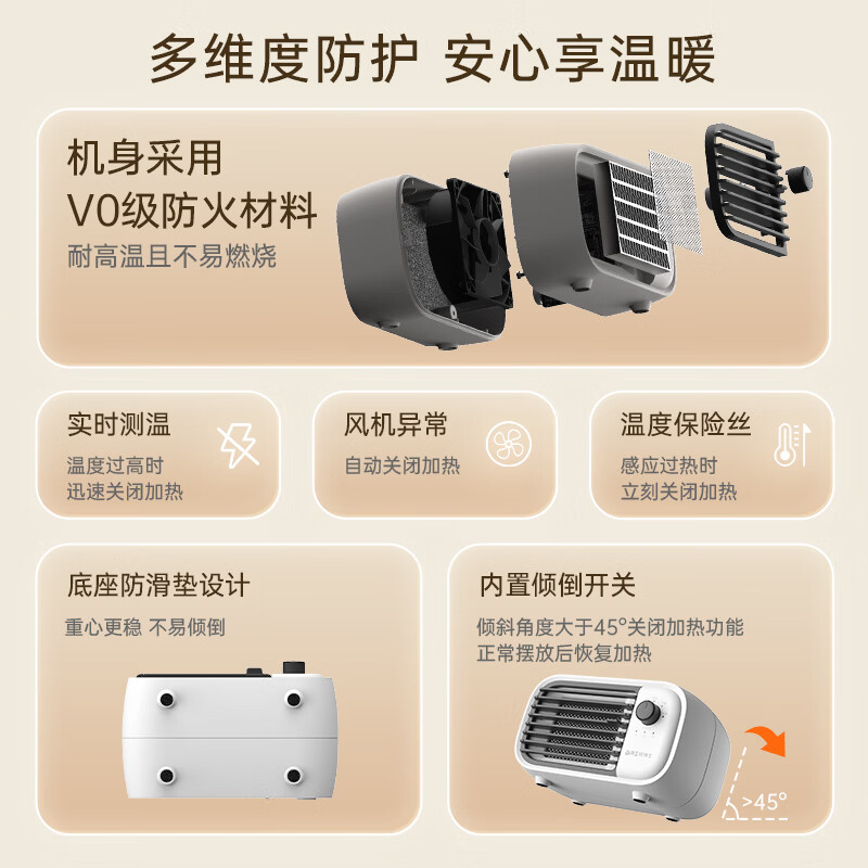 呼博士取暖器家用暖风机电热台式桌面电暖器省电小型烤火炉浴室婴儿热风机办公室暖脚神器卧室电暖风速热 22402 机械式 桌面暖风机