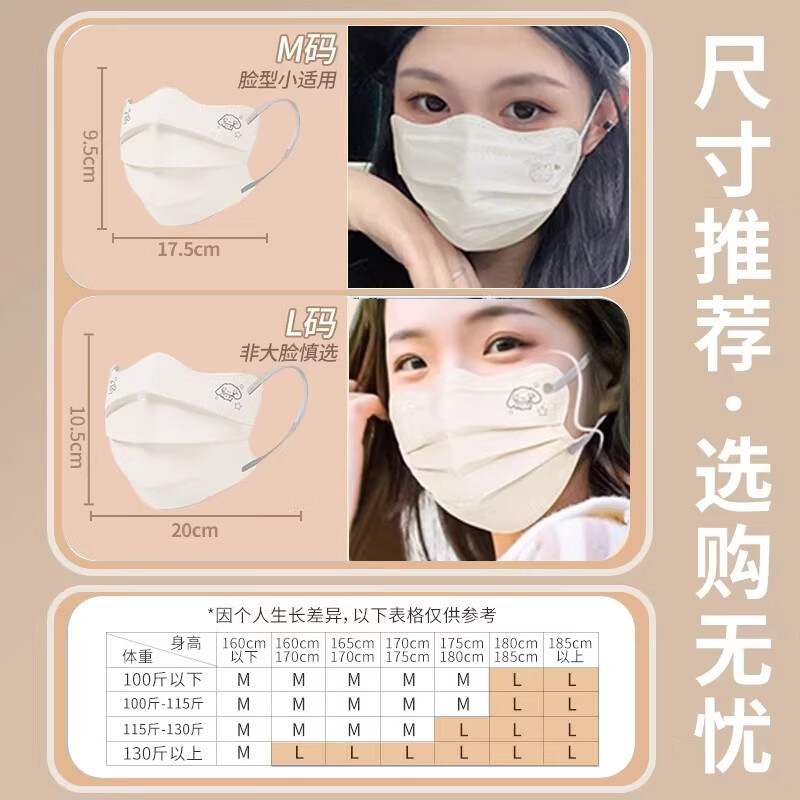 万宝绿曲面蝶形口罩卡通高颜值新款学生情侣新年一次性成人口罩独立包装 蝶形素颜显白【奶白混搭】60只-独立装 M码（适用75-125斤）成人/学生推荐