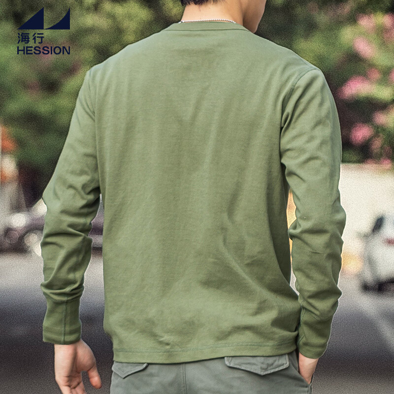海行户外美式复古亨利衫长袖t恤男2025春季纯棉侧身无缝亨利领打底衫 军绿色 L (参考140-155斤)