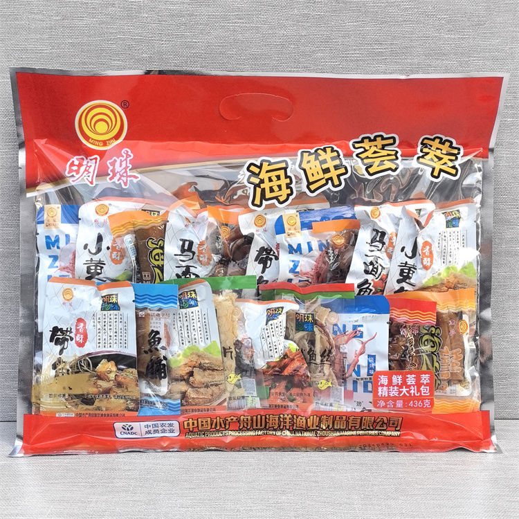 明珠舟山特產(chǎn)海鮮薈萃零食436g魷魚(yú)仔即食小黃魚(yú)年貨 海鮮薈萃436克