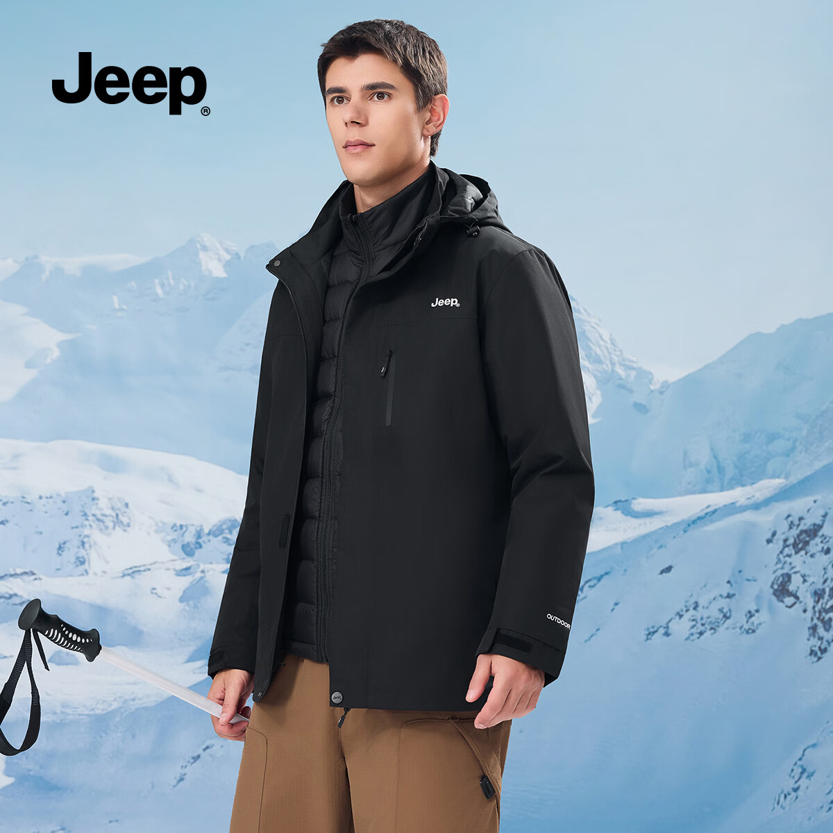 JEEP男装秋冬季新品男士户外运动三合一冲锋夹克上衣休闲连帽加绒外套 黑色 /羽绒内胆 3XL