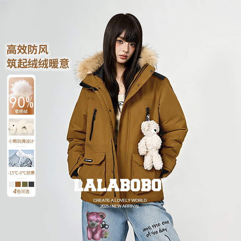 LALABOBO90鸭绒毛领工装羽绒服冬季新款保暖连帽加厚外套LBDD-WSYR17 绿色 L