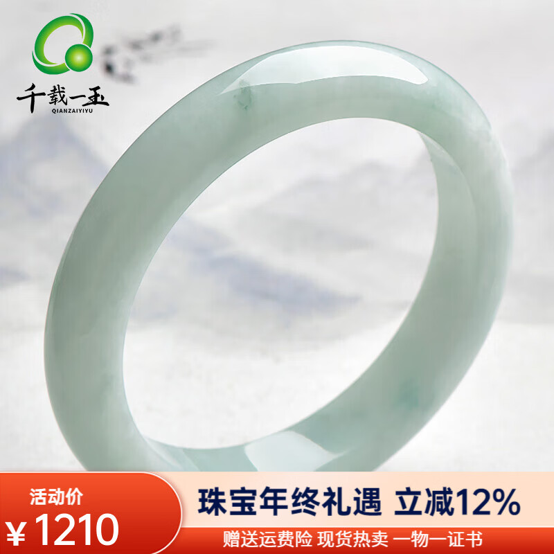 千载一玉翡翠玉手镯 女士淡绿色飘花玉镯子玉石生日礼物 寓意平安相随 约56-57毫米【QZC0356】