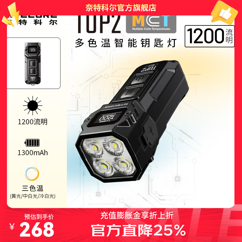 奈特科尔【全新3色温】tup2小型强光1200流明超亮edc便携随身应急钥匙灯 TUP2【1200流明/3色温】黑色
