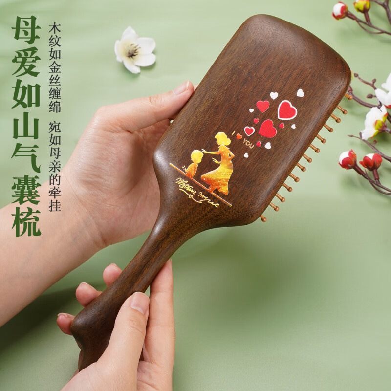 谭木匠檀木梳礼盒装实用精品梳子三件套订婚伴手礼节日送长辈礼品梳 谭木匠彩绘荷花气囊+经络刷-东方梳礼套装