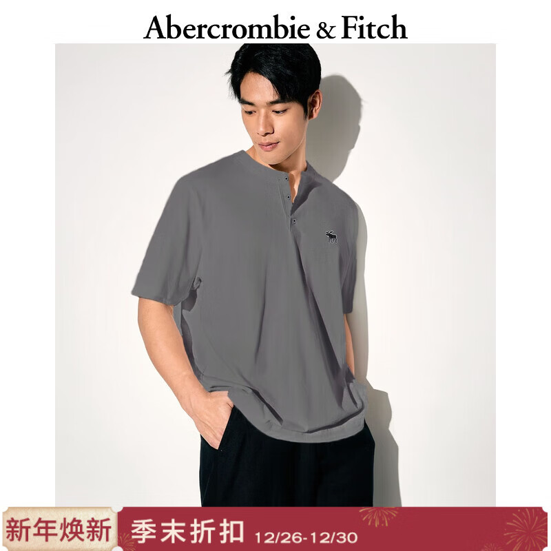 Abercrombie &amp; Fitch经典小麋鹿图案男装25夏季美式重磅宽松亨利领短袖T恤 深灰色 M (180/100A)尺码偏大