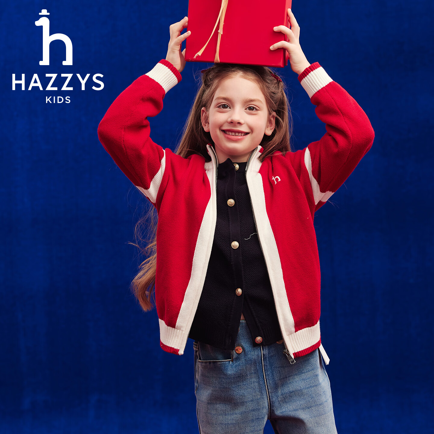 哈吉斯(HAZZYS)童装男女童毛衣2026春新年喜庆开衫针织上衣 藏蓝 165