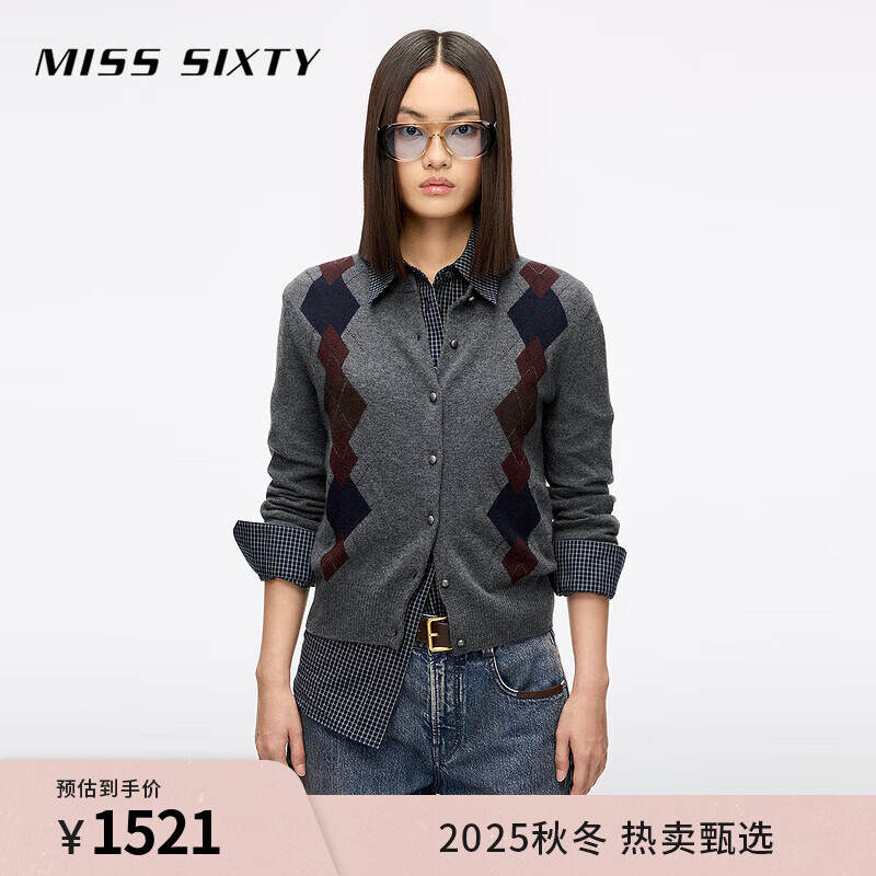 MISS SIXTY2025秋季新款绵羊毛山羊绒针织开衫女菱格学院外套毛衣 花灰 M