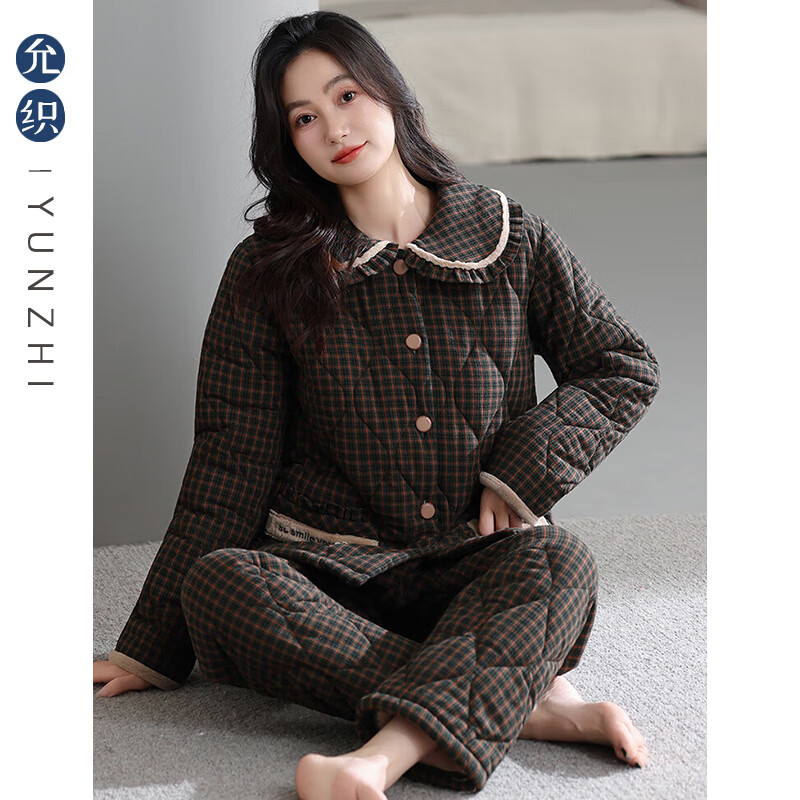 允织睡衣女冬季三层加厚加绒梭织纯棉夹棉袄秋冬款珊瑚绒高级感家居服 68048-黑咖 M (160) ：建议90-110斤穿着