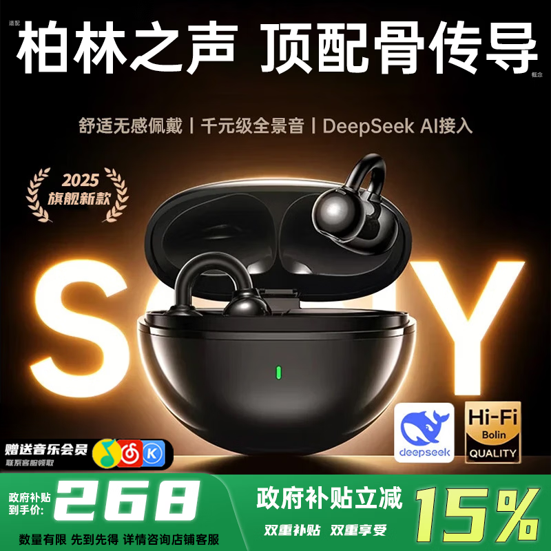 VLR【2025最新款丨金榜第1名】柏林之声蓝牙耳机夹耳式骨传导翻译无线智能AI开放式不入耳运动索尼 【智能AI升级款丨超长续航】无尽黑 空间音效/AI通话降噪/实时翻译