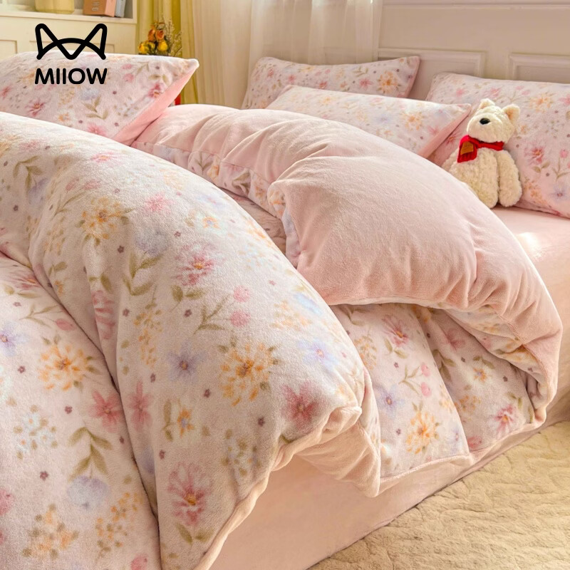 猫人（MiiOW）牛奶绒床上四件套 冬季珊瑚绒被套罩床单床笠单双人床品三件套 繁花簇 1.5/1.8 床单款 四件套（被套200*230）