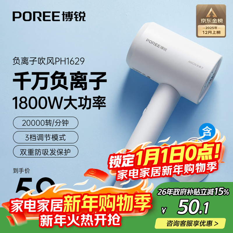 飞科（FLYCO）博锐电吹风机家用负离子大功率不伤发 便携女士吹头发吹风筒学生宿舍用生日礼物 国家补贴PH1629