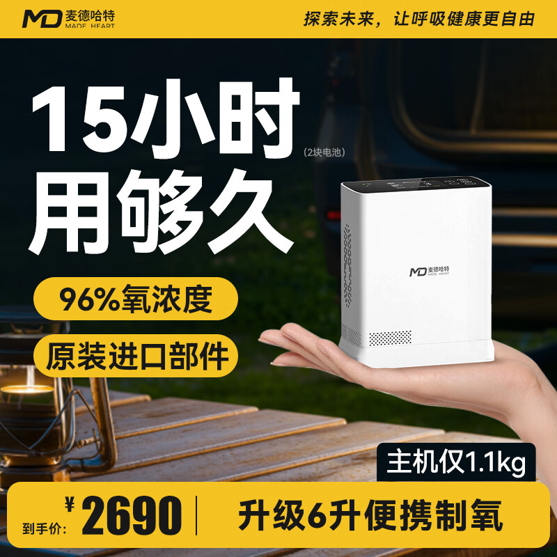 麦德哈特便携式制氧机6L升高原旅行车载吸氧机家用老人氧气机随身充电CP5S