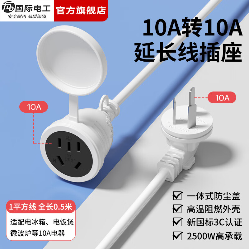 国际电工（FDD）10A转16A电源延长线插座家用电动车加长充电线冰箱热水器10A插头 10A转10A 全长0.5米