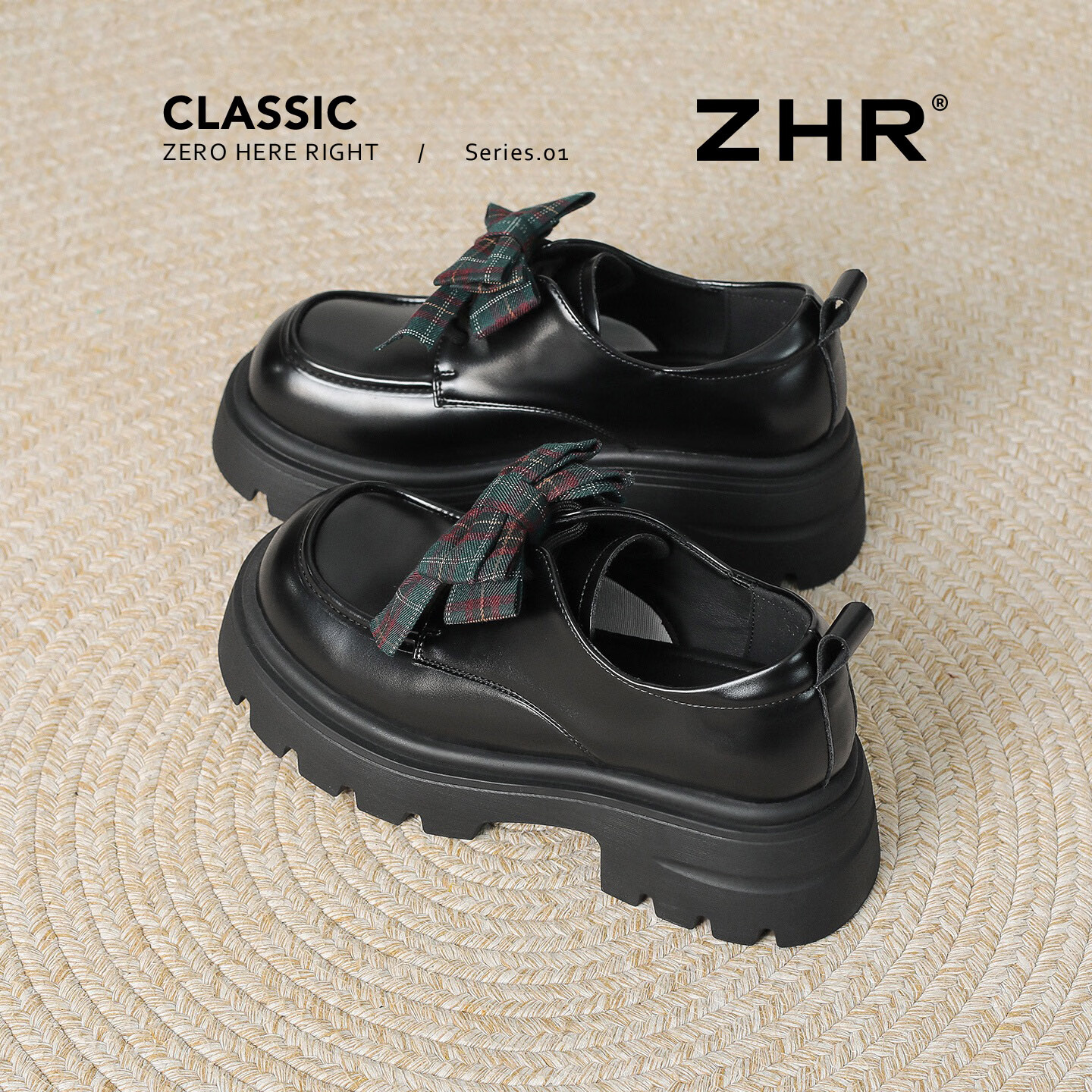 ZHR则则乐福鞋女厚底甜美蝴蝶结增高单鞋2026春季新款学院风黑色小皮鞋 黑色 37