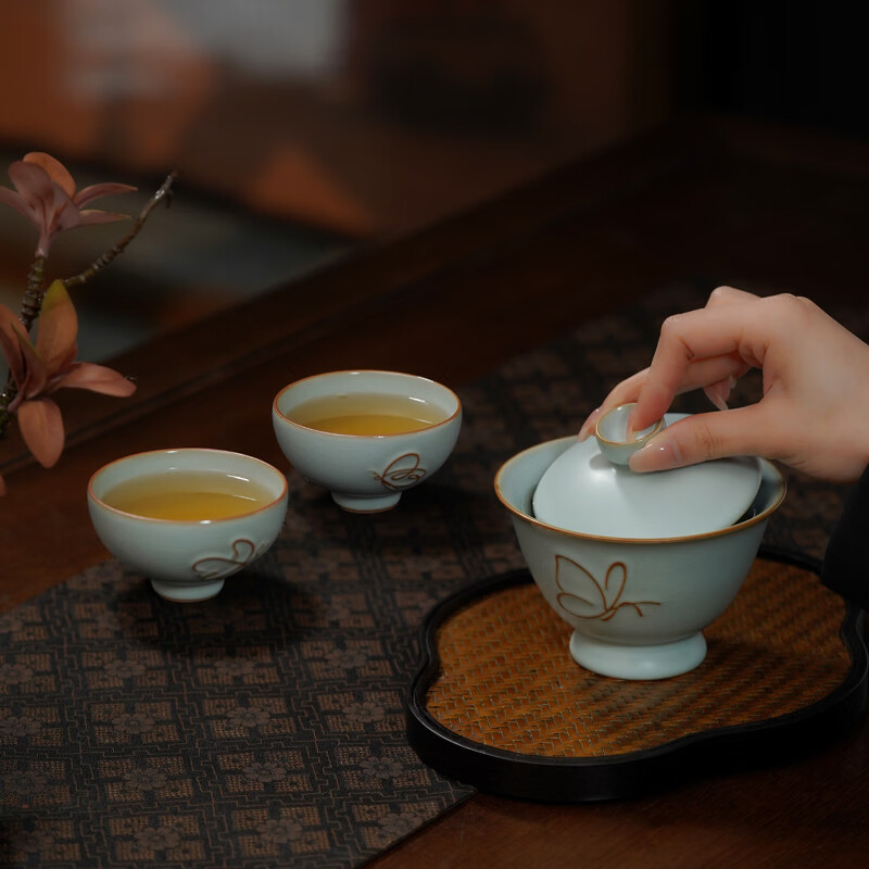 青澹墨雅青澹汝窑茶具套装礼品冰裂釉汝瓷整套茶杯茶壶礼盒装陶瓷盖碗茶具 青澹蝶舞芳菲7件套
