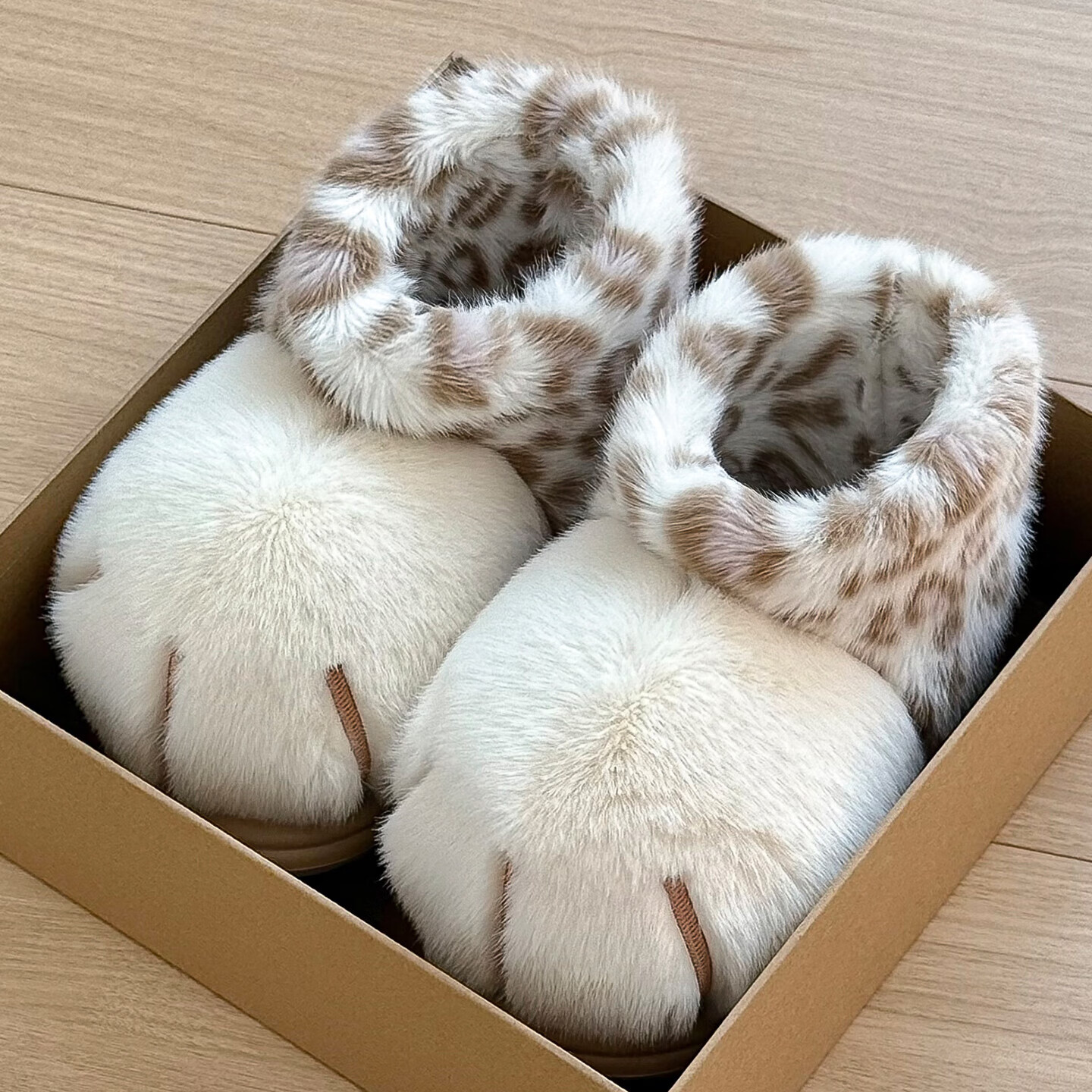 FZT可爱猫爪棉拖鞋女款2025冬季加绒保暖防滑室内居家毛绒绒棉拖鞋男 白色豹纹 36-37 标准码【内长225mm】