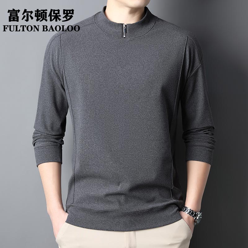 FULTON BAOLOO 富尔顿保罗男士德绒长袖T恤秋冬季半拉链纯色百搭体恤衫中青年韩版潮流打底 灰色 L （建议120到140斤穿）