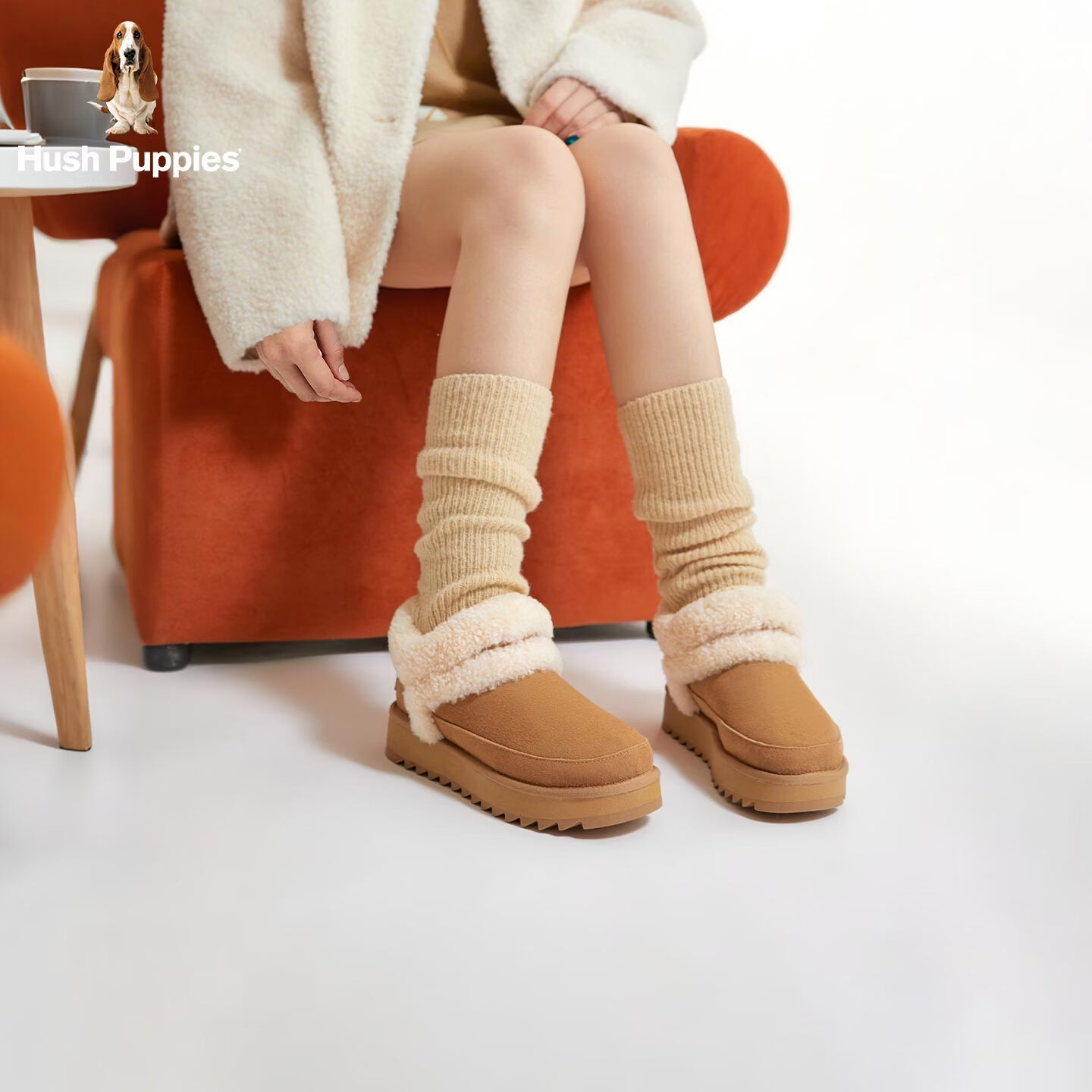 暇步士（Hush Puppies）雪地靴女 2025冬季新款女士舒适厚底毛鞋领圆头休闲懒人毛毛鞋 浅驼色 37