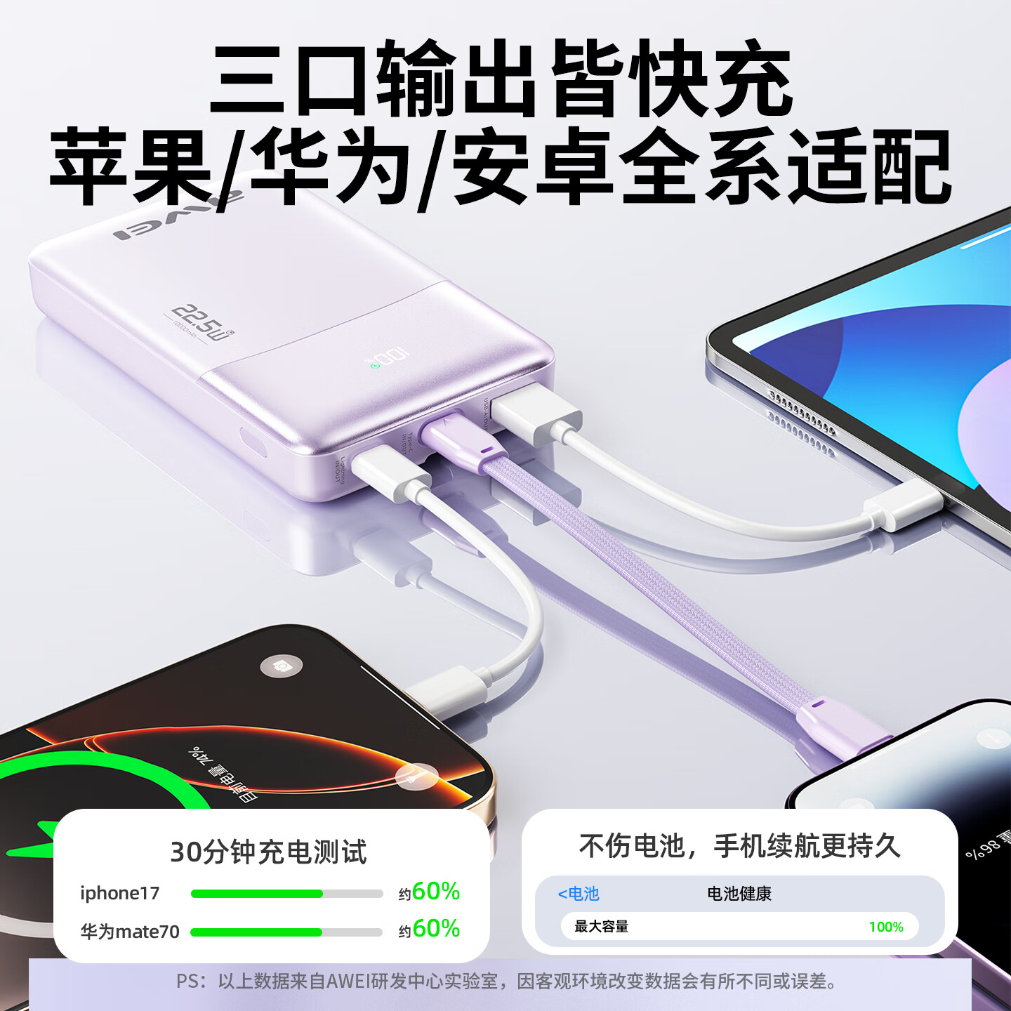 用维（AWEI）充电宝10000毫安大容量自带线小巧便携22.5W超级快充移动电源适用苹果【国家3C认证可上飞机】 丁香紫丨带线款丨一线搞定苹果/安卓/自充 10000mAh