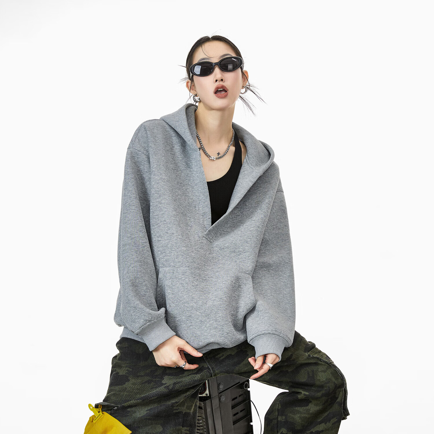 ICH MODE美式连帽V领卫衣女2026新春款百搭宽松慵懒chic外套上衣 浅灰色 M