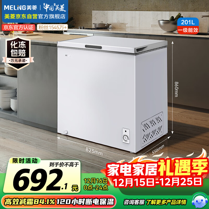 美菱（MeiLing）201升单温家用冰柜减霜直冷定频一级能效-35°深冷机械控温彩钢面板冷柜BC/BD-201DT白国家补贴