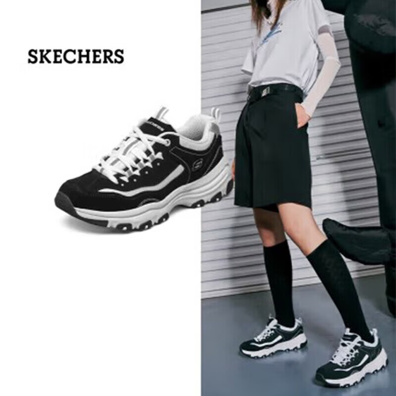斯凯奇（Skechers）奥利奥熊猫鞋丨老爹鞋女经典黑白复古春夏轻便潮流增高运动休闲鞋 【女款】黑色/白色-BKW 37