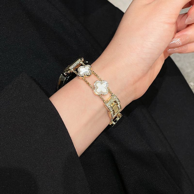 适用华为watch5手表带新款gt6细款四叶草链条感女款表带 四叶草-黑黑【表带】 华为Watch5 46mm