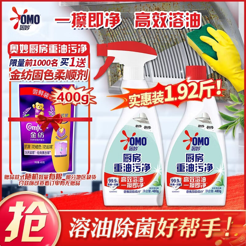 奥妙厨房清洁剂 重油污净 绿茶薄荷香型双瓶装 含替换装 480g×2