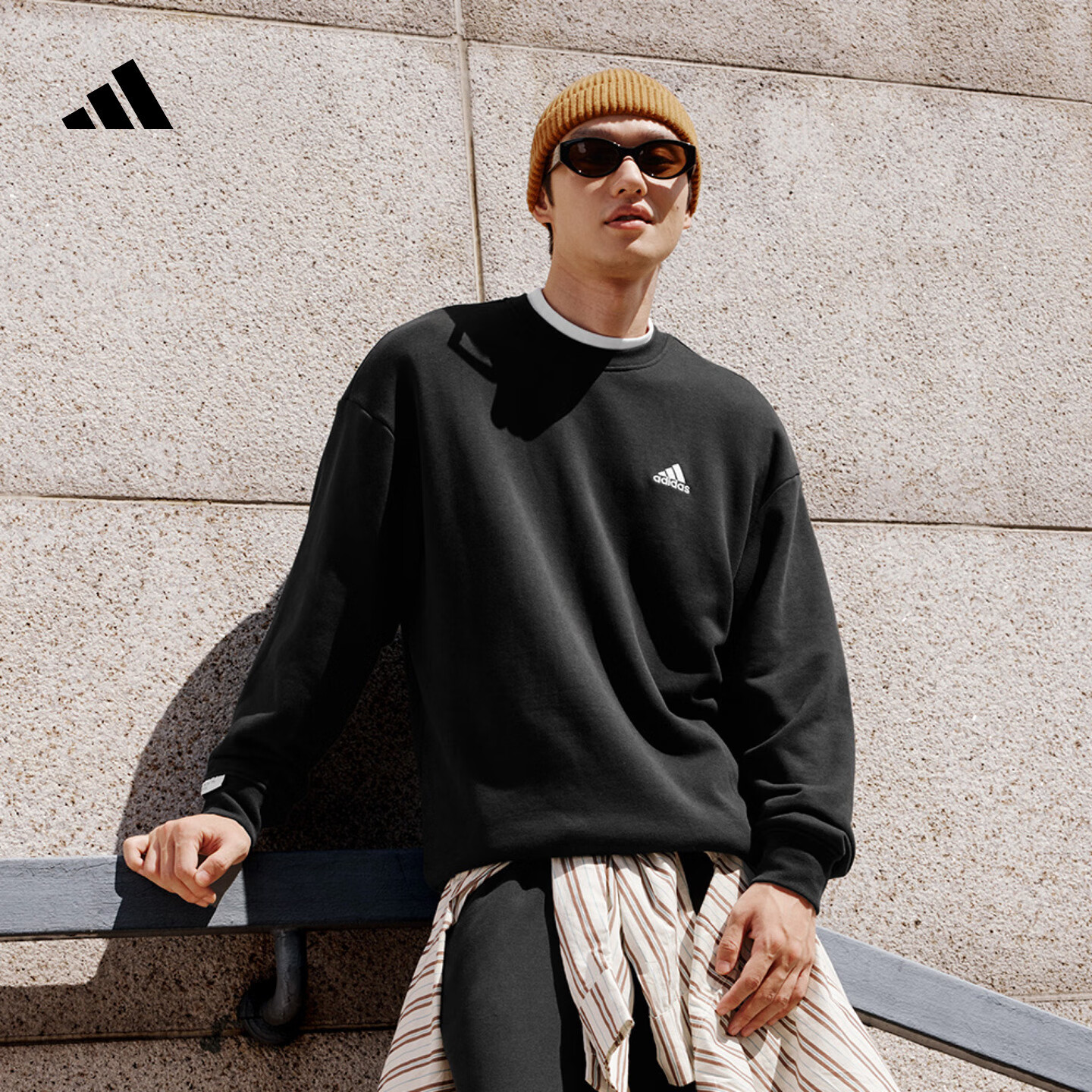 adidas休闲加厚毛圈布圆领卫衣套头衫男女阿迪达斯官方轻运动 黑色   2XL  