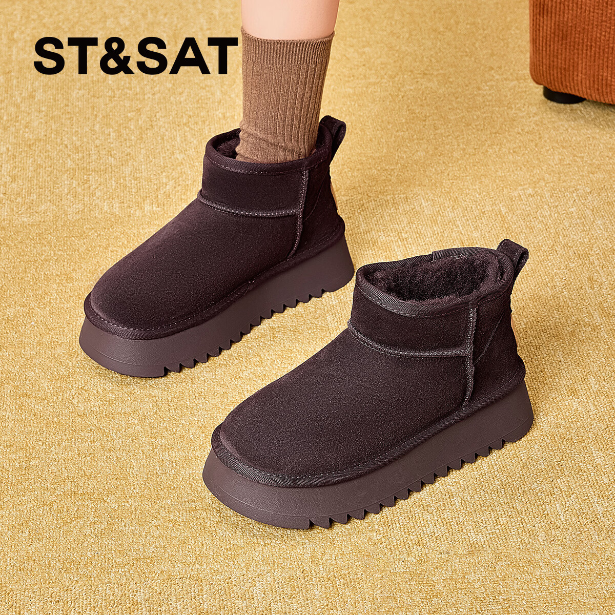 星期六加绒保暖雪地靴冬季新款短筒女靴厚底一脚蹬东北防寒防滑棉鞋子 咖啡色 【加绒保暖】 40
