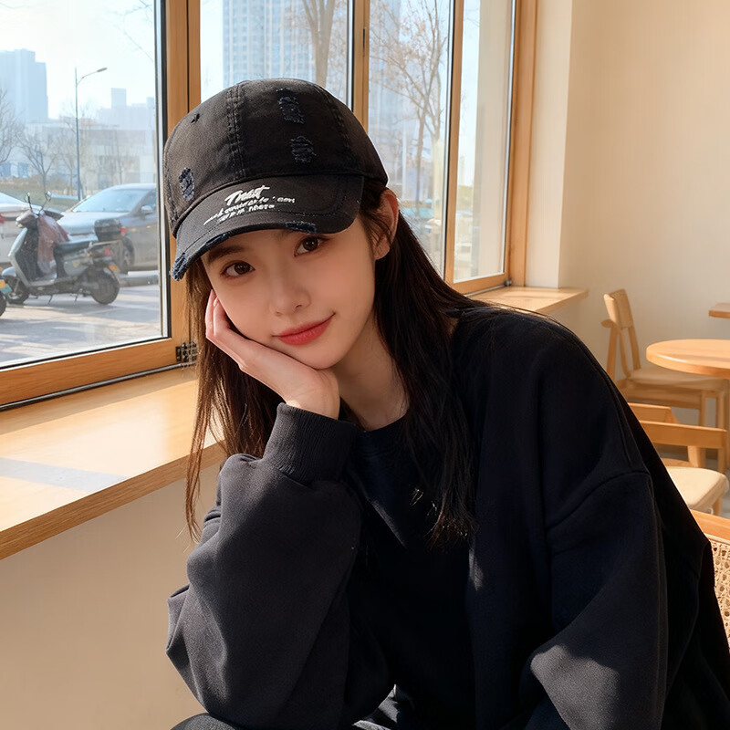 OEAI美式复古做旧蓝色棒球帽女早春百搭加大加深字母刺绣破洞鸭舌帽男 C5885破洞檐立绣TIUST棒球帽 粉色 M （56-58cm）