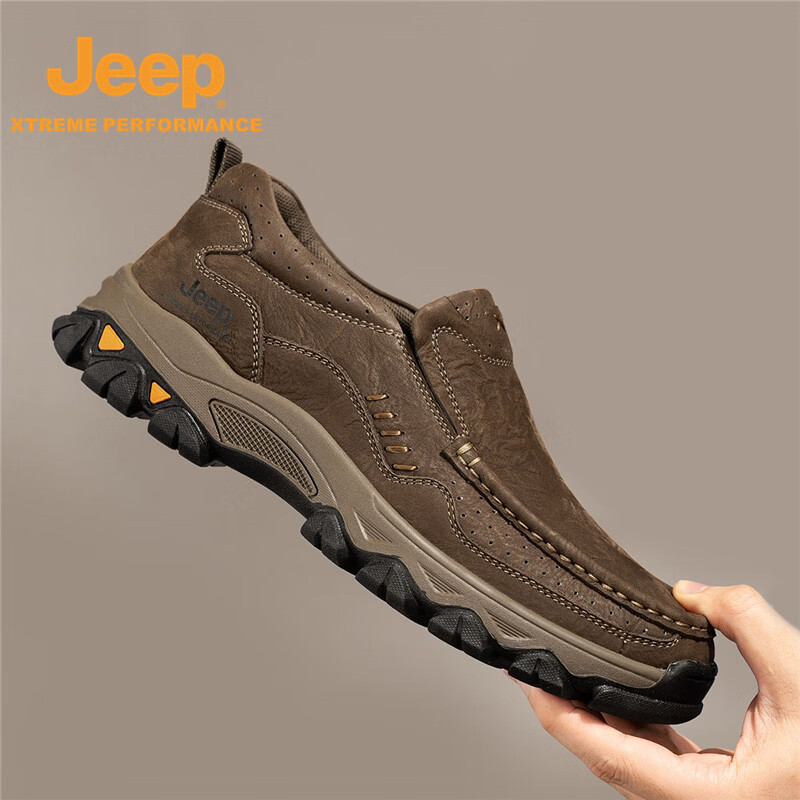 JEEP吉普秋冬男士一脚蹬大码中老年户外软底老人防滑透气爸爸鞋 黑色 41 (255mm) 皮鞋码数