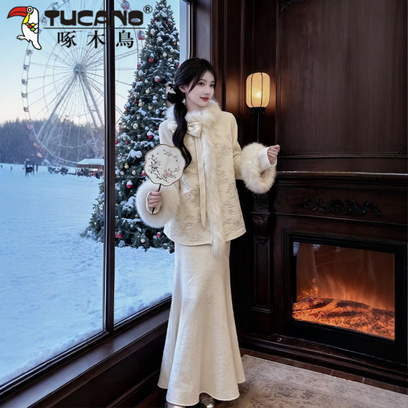 啄木鸟（TUCANO）冬装搭配一整套新中式提花毛领毛呢外套鱼尾连衣裙巨好看套装女 毛呢外套 单件【高品质】 M 建议80-100斤