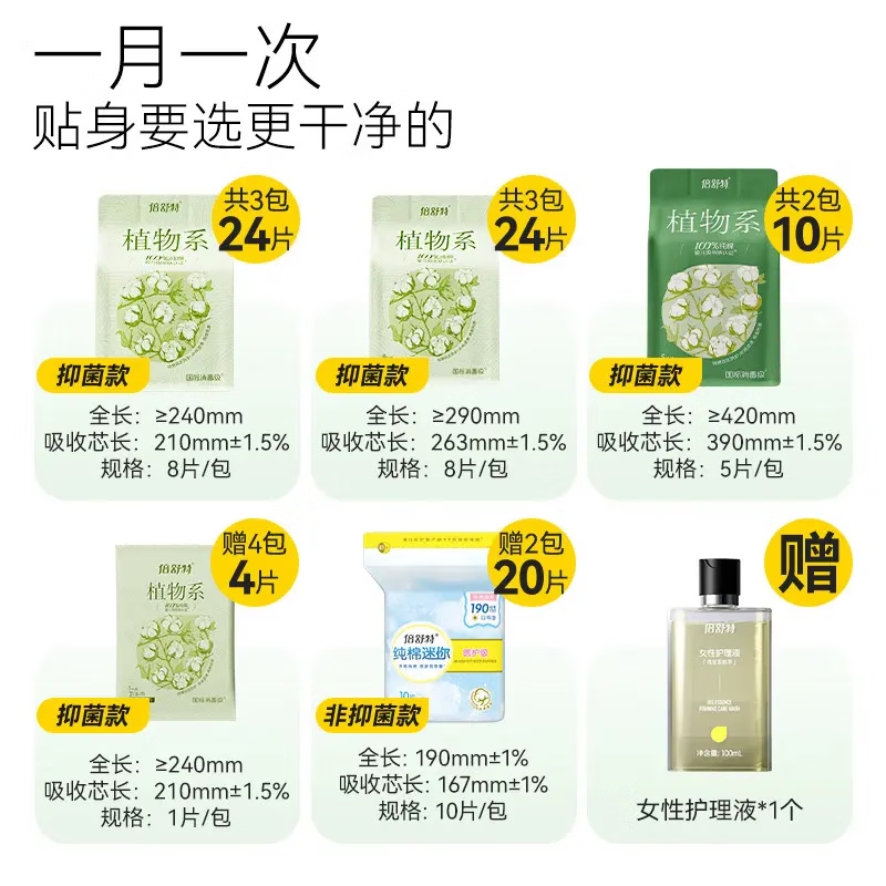 倍舒特新品植物系純棉衛(wèi)生巾抑菌消毒級 送女性護理液總件數(shù)：82片 240mm 1片
