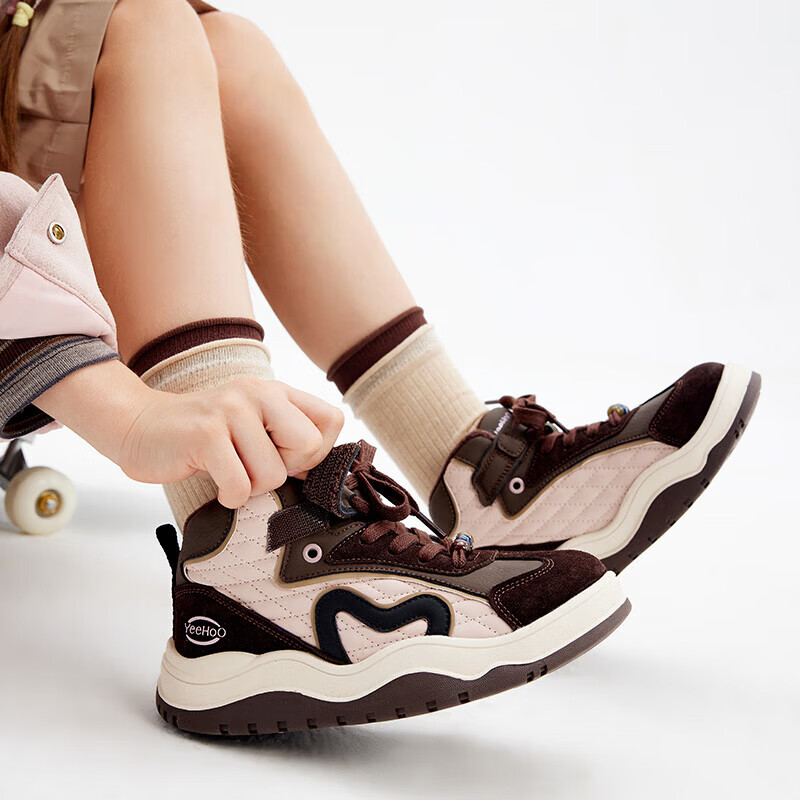 英氏（YEEHOO）秋冬季中大童加绒保暖运动板鞋中帮时尚百搭户外校园舒适儿童棉鞋 灰/酒红 31
