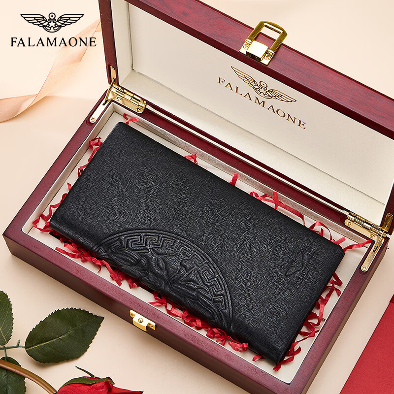 FALAMAONE法莱阿玛尼真皮男士钱包长款钱夹轻奢商务情人节生日礼物送男友 QB002/新款压花【专柜礼盒】 代写贺卡打印照片联系客服