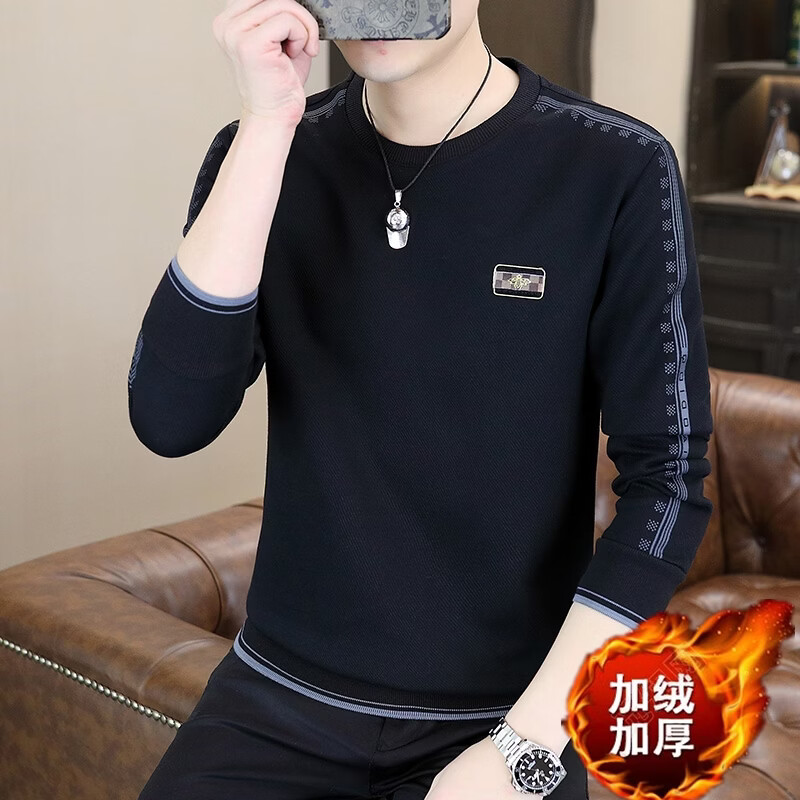 【轻奢】欧版秋冬款长袖打底套头时尚休闲百搭男士圆领卫衣宽松F 黑色加绒加厚 2XL 【建议150-170斤】