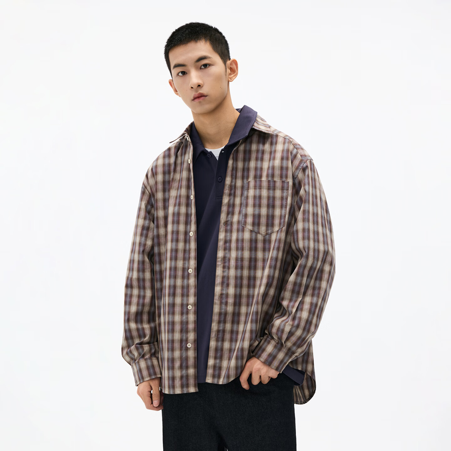 熊猫·本（ben.panda）男士休闲格纹长袖衬衫男户外通勤宽松翻领外套上衣2026春季新款 黄紫格纹 M