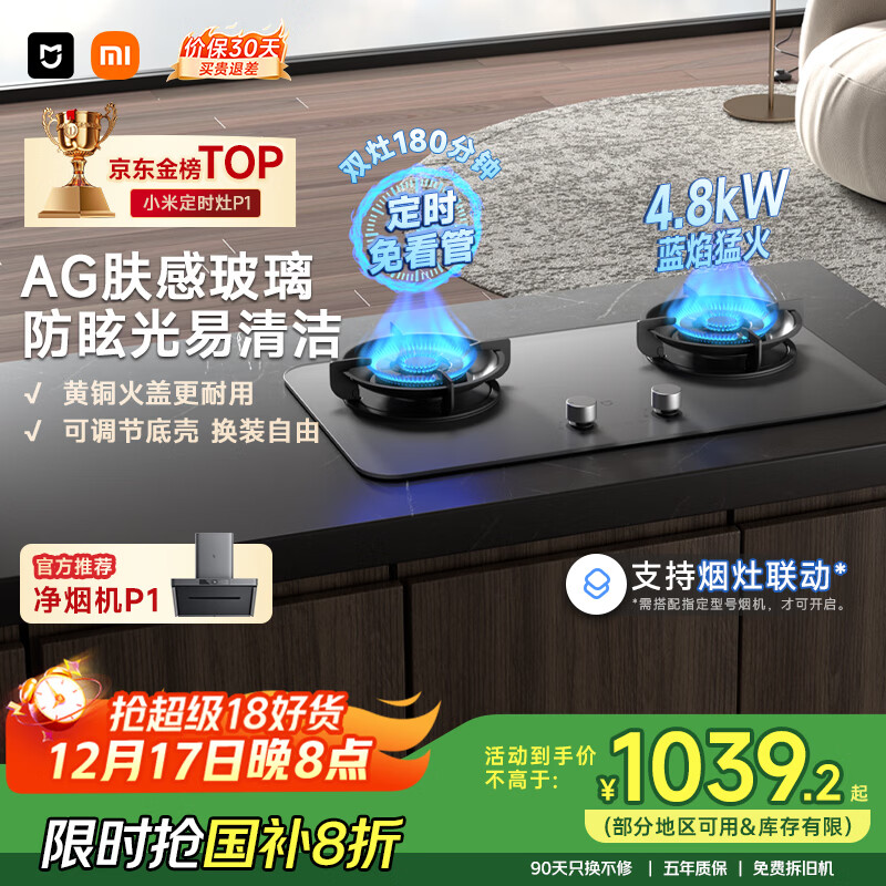 米家小米燃气灶液化气煤气灶P1国家补贴双边定时嵌入式家用4.8kW猛火灶具【搭配净烟机系列】MJ03CY