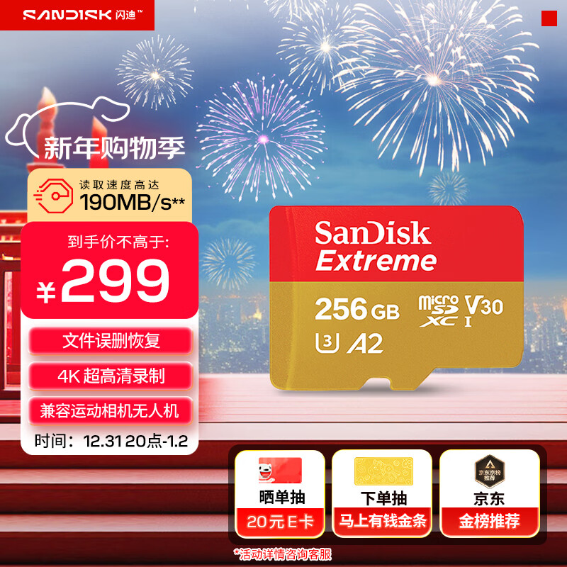 闪迪（SanDisk）256GB TF(MicroSD)内存卡 4K极速金卡A2 V30 U3行车记录仪 运动相机无人机 监控存储卡 读190MB/s