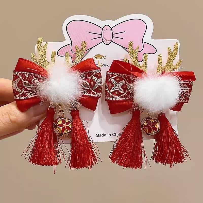 葵影（kuiying）中国古风新年红色蝴蝶结儿童发夹头饰女童配饰过年汉服夹子发饰 1#鹿角铃铛流苏发夹