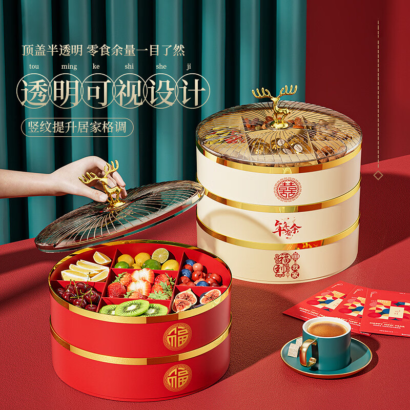 果盘客厅茶几家用5新瓜子糖果水果盘结婚喜庆零食干果纳盒 吉祥麋鹿-白色-单层