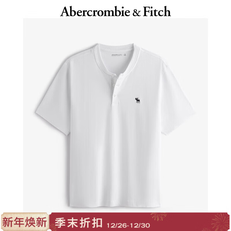 Abercrombie &amp; Fitch经典小麋鹿图案男装25夏季美式重磅宽松亨利领短袖T恤 白色 L (180/108A)尺码偏大