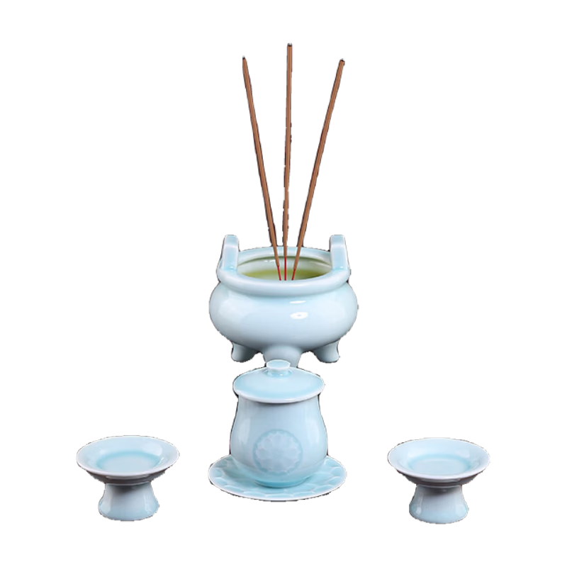 戴玉堂 陶瓷佛具用品大全套裝家用供奉供盤佛堂佛教擺件佛前花瓶香爐供佛水杯 KD66-16A-4B 中號(hào)青瓷套裝4件套