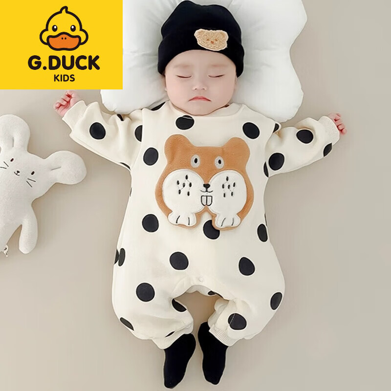 G.duck加绒保暖纯棉男女宝宝连体衣春装秋冬季新生婴儿衣服睡衣外套出穿 白色波点狗 加绒 73