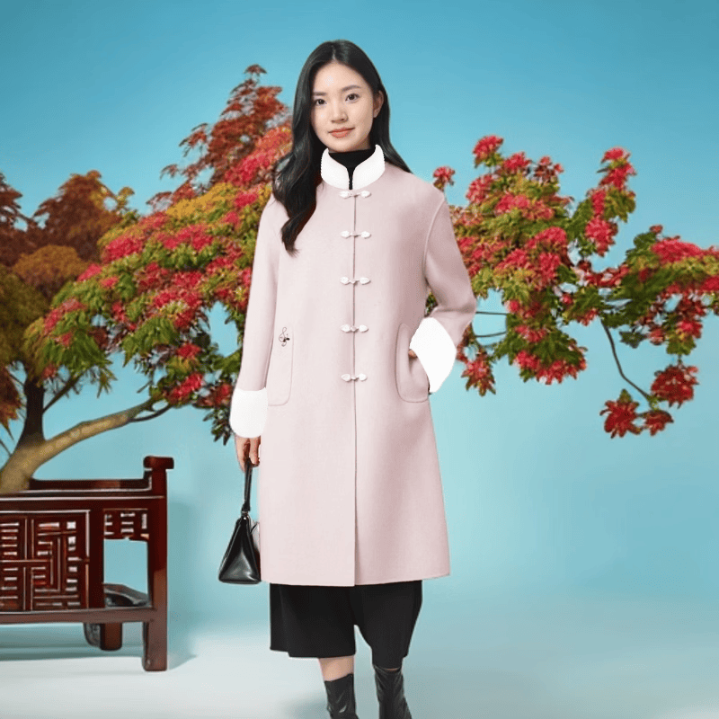 2025秋冬新款冬季双面毛呢大衣妈妈大衣羊毛宽松长款外套专利产品 红色2， 厚款， 喜欢胸花下单请备注 2XL (170) 建议净胸围96在毛衣外穿