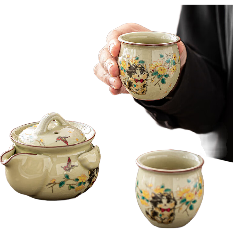 瓷牌茗茶具竹語手抓壺蓋碗大號不燙手便捷旅行茶具高端陶瓷一壺二杯 竹語手抓壺-淺黃荷葉